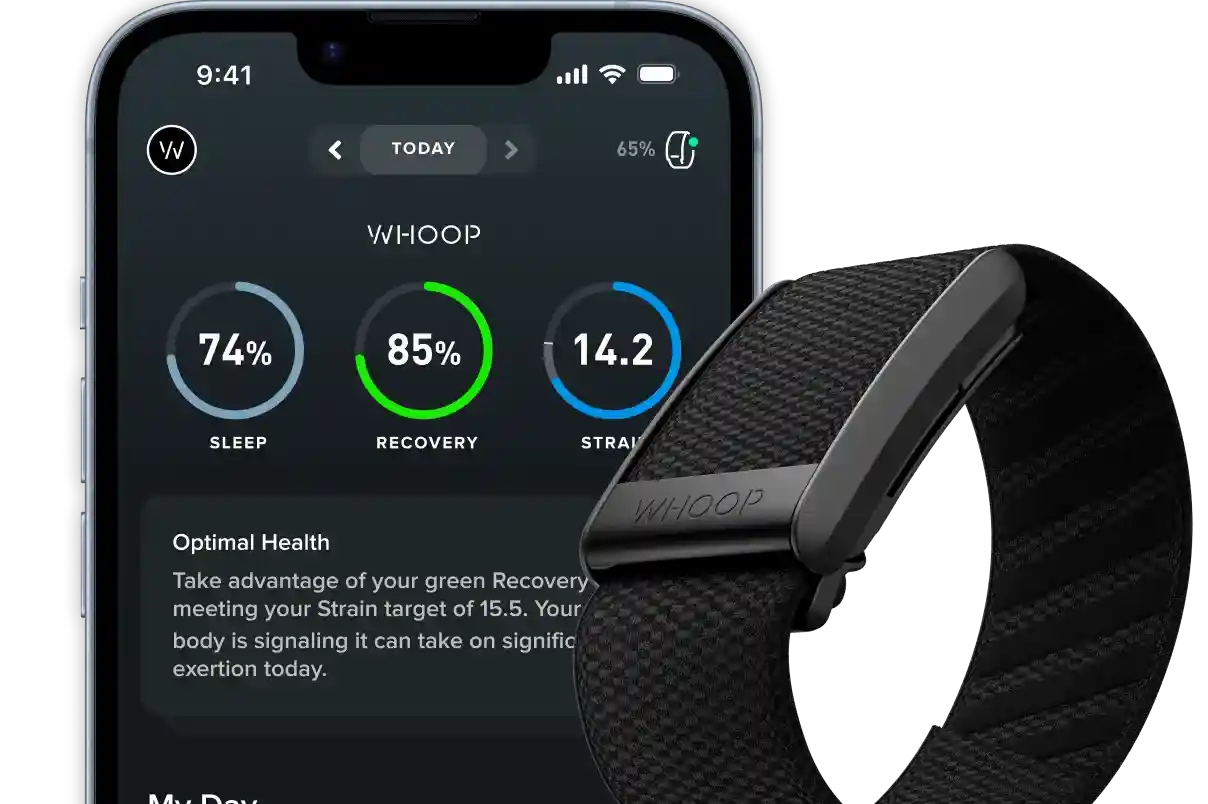 Product render of the WHOOP 5.0 band in front of the WHOOP app dashboard showing ring dials for Sleep 74%, Recovery 85%, and Strain 14.2, highlighting daily insights alongside the device.